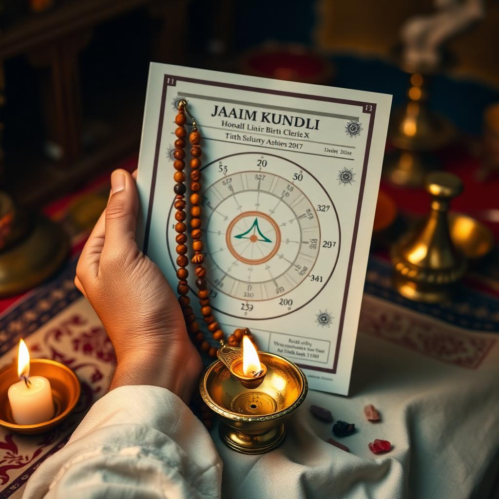 Astrologer holding a printed janam kundli with rudraksha mala and lit brass lamp