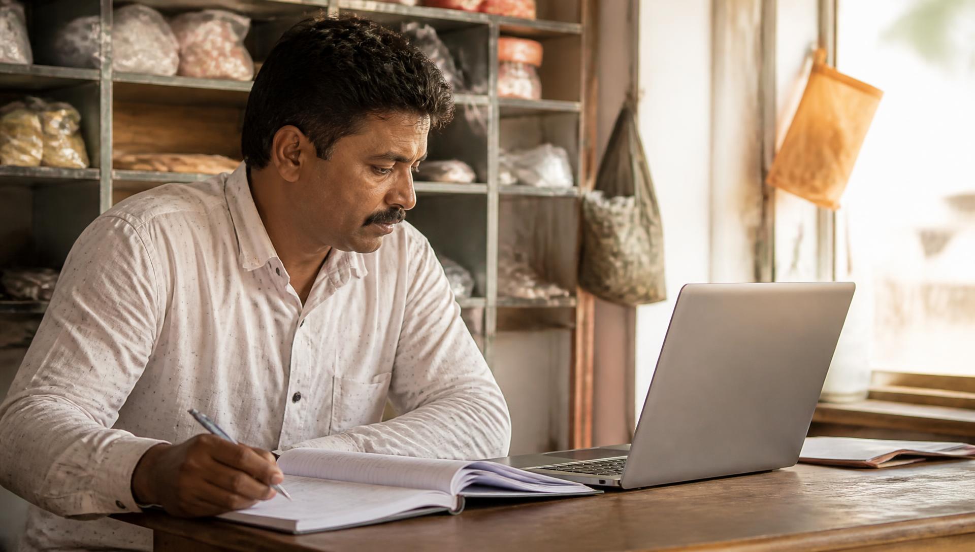 Indian shop owner reviewing ledger and laptop in a small business workspace