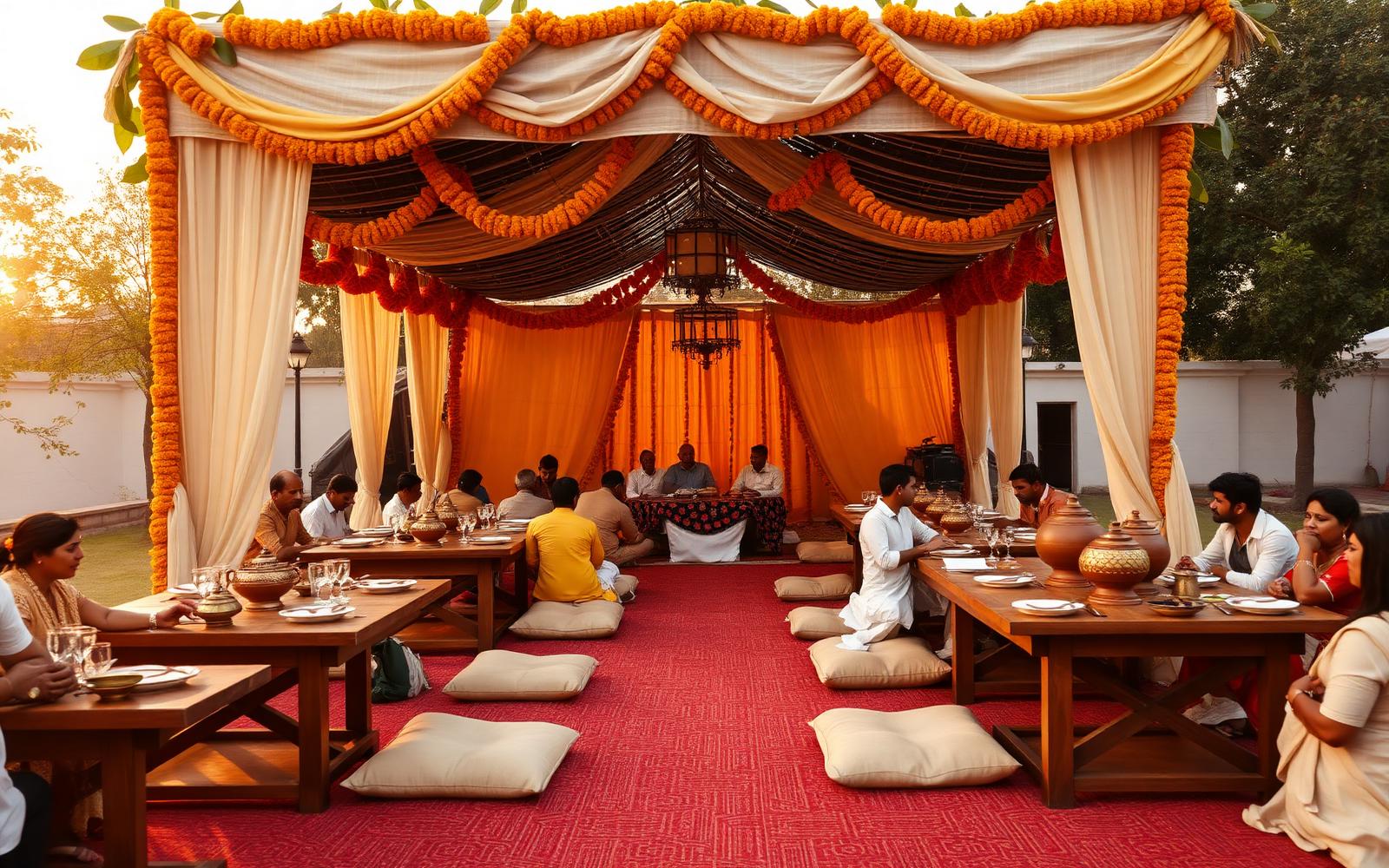 Sustainable Indian wedding mandap with marigold garlands, jute decor and cloth banners in Lucknow