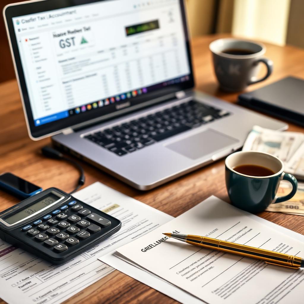 Chartered accountant desk with GST paperwork, laptop, calculator and Indian rupee notes